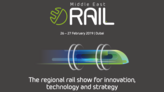 Logo of the Middle East Rail conference with the date 26-27 February 2019 in Dubai and a stylised train. Logo of the Middle East Rail conference with the date 26-27 February 2019 in Dubai and a stylised train.