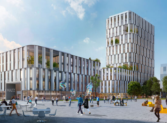 Geb&auml;udeensemble MALTZ mit Fassade, Platz. Schwingungsisolierung entscheidend.