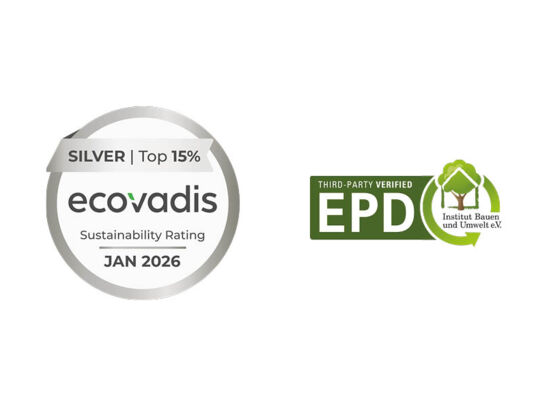 Logos EcoVadis Bronze 2024 und EPD Umweltproduktdeklaration.