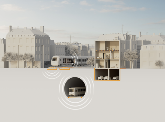 City visualisation featuring railway, underground, and building vibration isolation. City visualisation featuring railway, underground, and building vibration isolation.