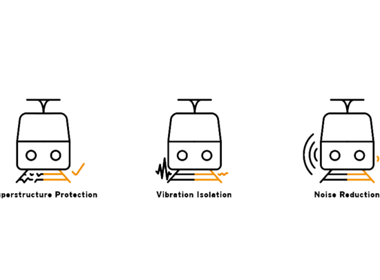 Three icons for railway applications: track superstructure protection, vibration isolation, noise reduction.