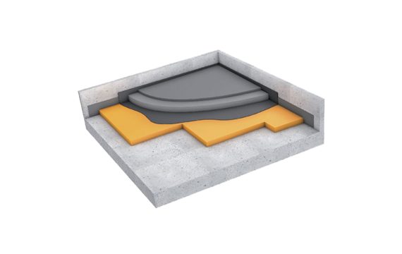 Diagram of vibration isolation for floating screed: orange insulation mats on a concrete foundation.