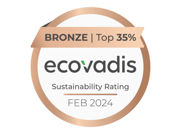 EcoVadis Bronze medal: "BRONZE | Top 35% Sustainability Rating FEB 2024" against a white background.