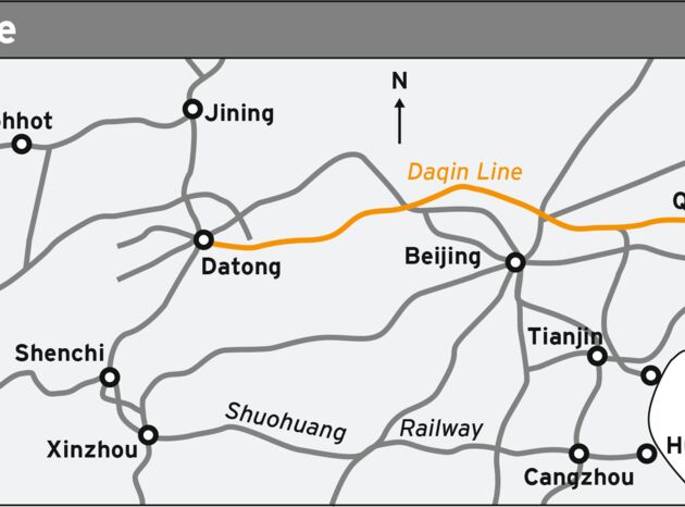 Eine Karte der Daqin-Kohlelinie in China, die wichtige Städte wie Beijing und Qinhuangdao verbindet.