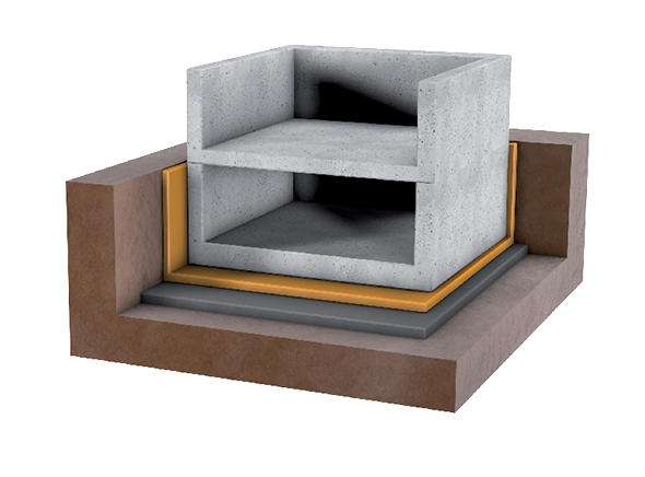 Sectional model of a building foundation with elastomeric bearings for vibration isolation in civil engineering. Sectional model of a building foundation with elastomeric bearings for vibration isolation in civil engineering.