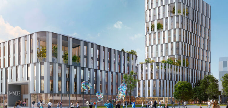 Geb&auml;udeensemble MALTZ mit Fassade, Platz. Schwingungsisolierung entscheidend.