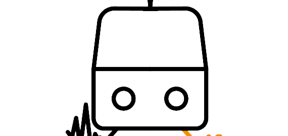 アイコン:線路上の列車と波線、およびオレンジ色の破線。 アイコン:線路上の列車と波線、およびオレンジ色の破線。