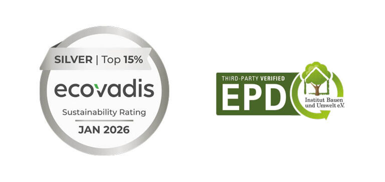 Logos EcoVadis Bronze 2024 und EPD Umweltproduktdeklaration.