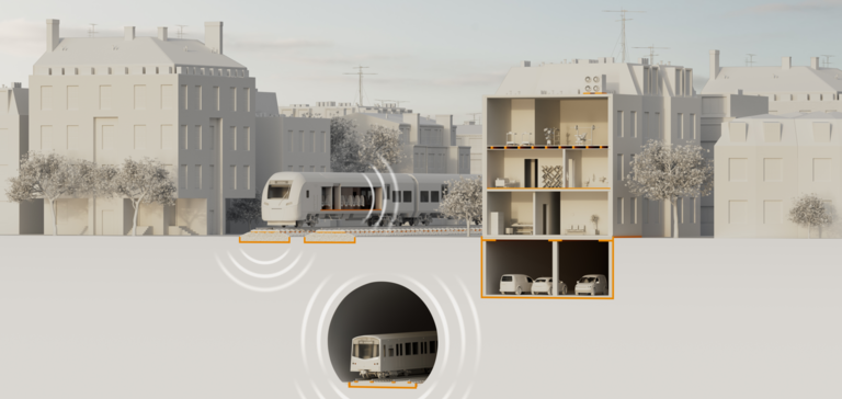 City visualisation featuring railway, underground, and building vibration isolation.