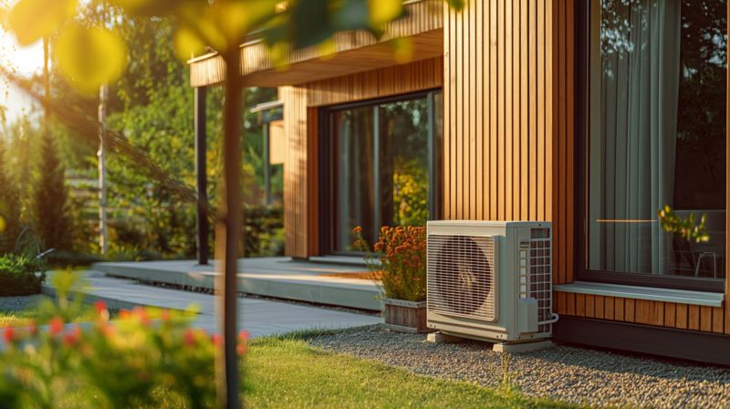 Heat pump installed on gravel for passive vibration isolation next to a modern wooden house, sunny weather.