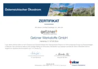 Green electricity certificate for Getzner Werkstoffe with hydroelectric power and wind turbine symbols.